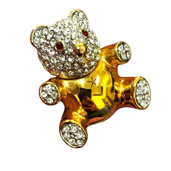 Vintage Teddy Bear Brooch Pin goldtone clear white & red rhinestone details - Picture 3 of 8